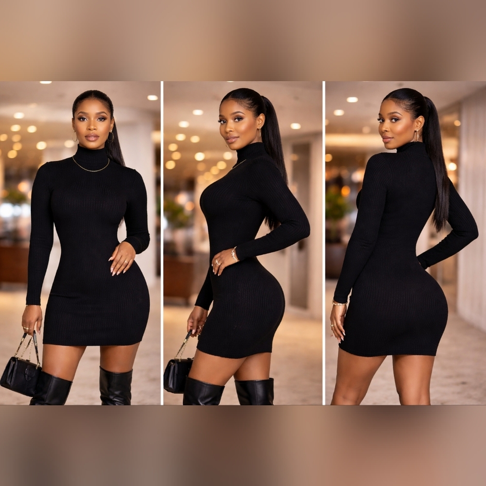 Derek Heart Black Ribbed Turtleneck Bodycon Mini Dress